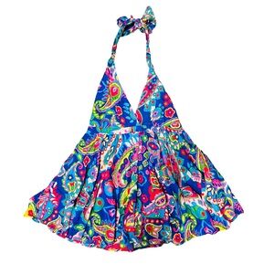 Topshop Y2K Style Vibrant Blue Paisley Halter Tank Top